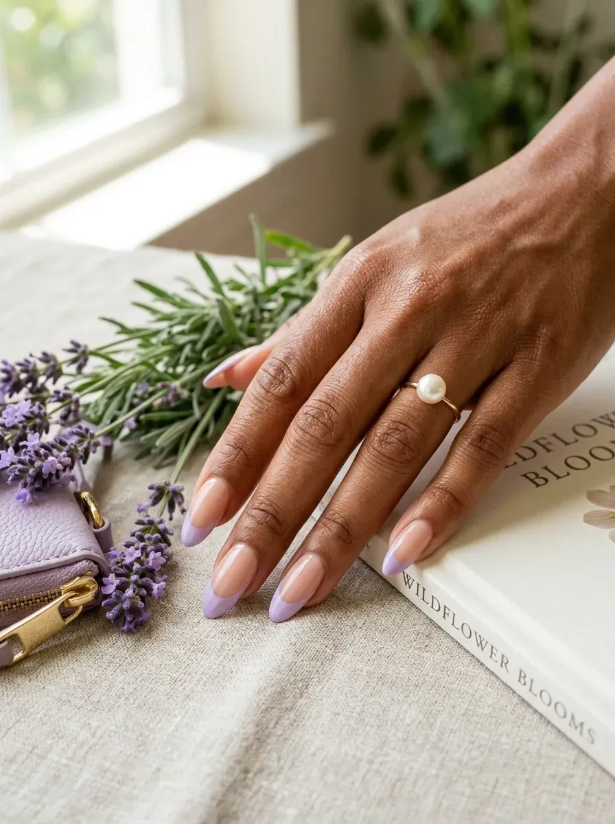 Wide lavender French tips on long almond nails over brown skin