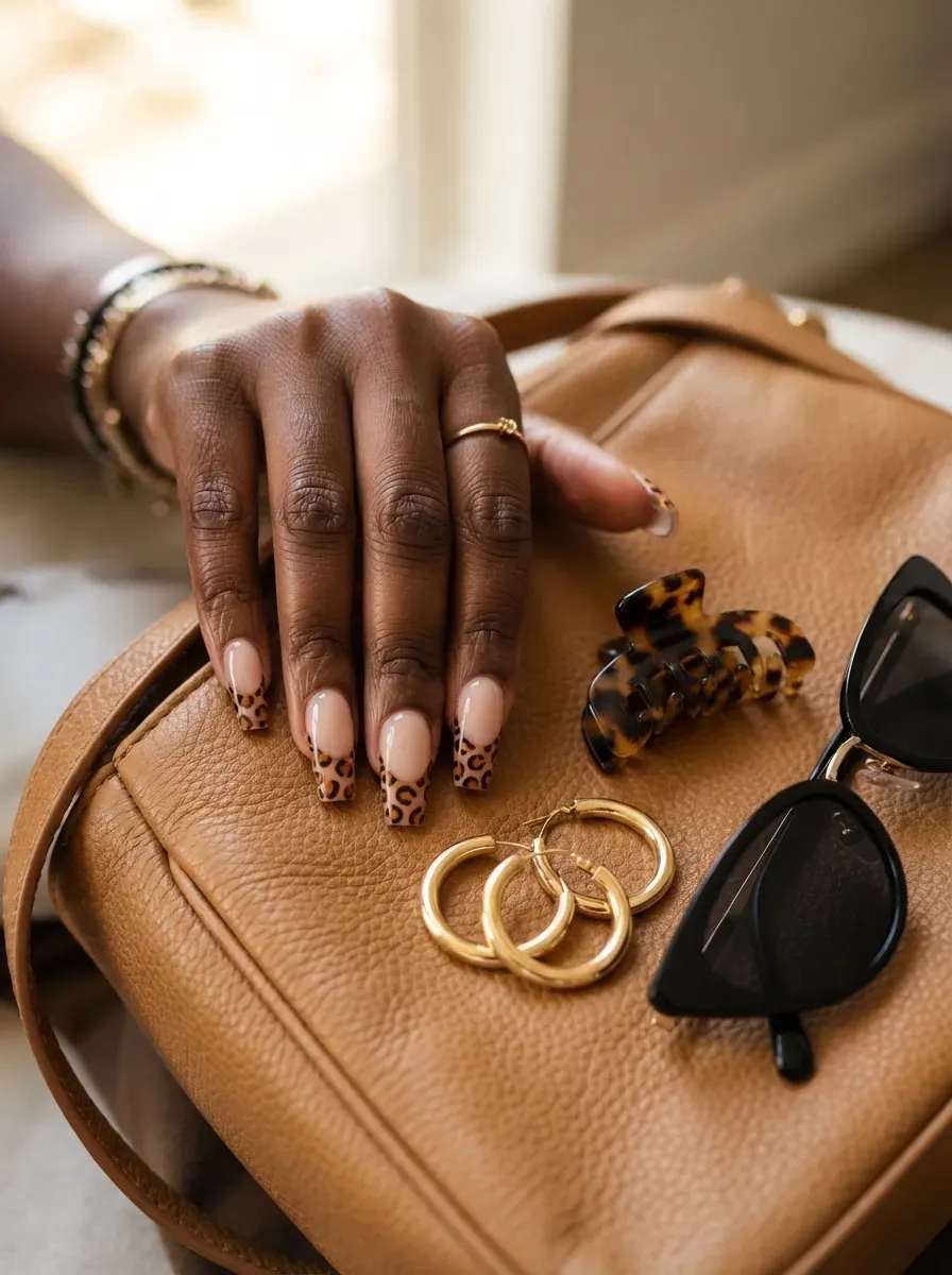 Wide leopard pattern French tips on coffin nails over deep brown skin