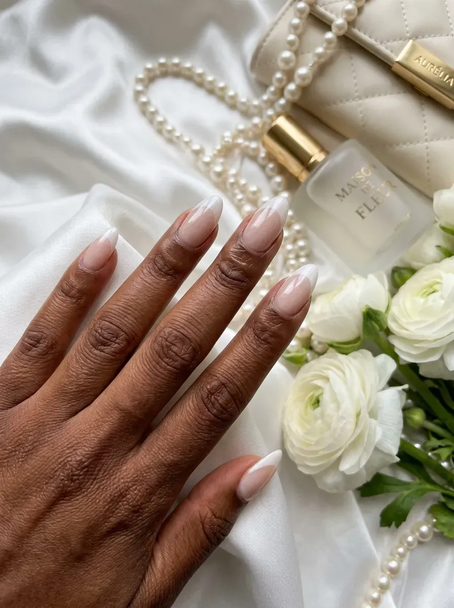 Milky white thick French tips on almond nails with deep brown skin