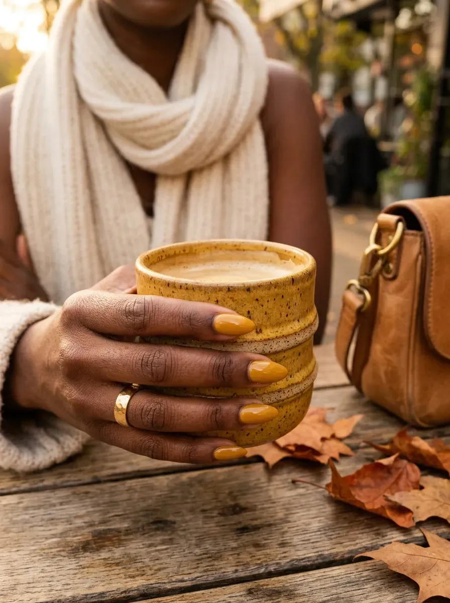 Thick mustard yellow French tips on almond nails with dark brown skin