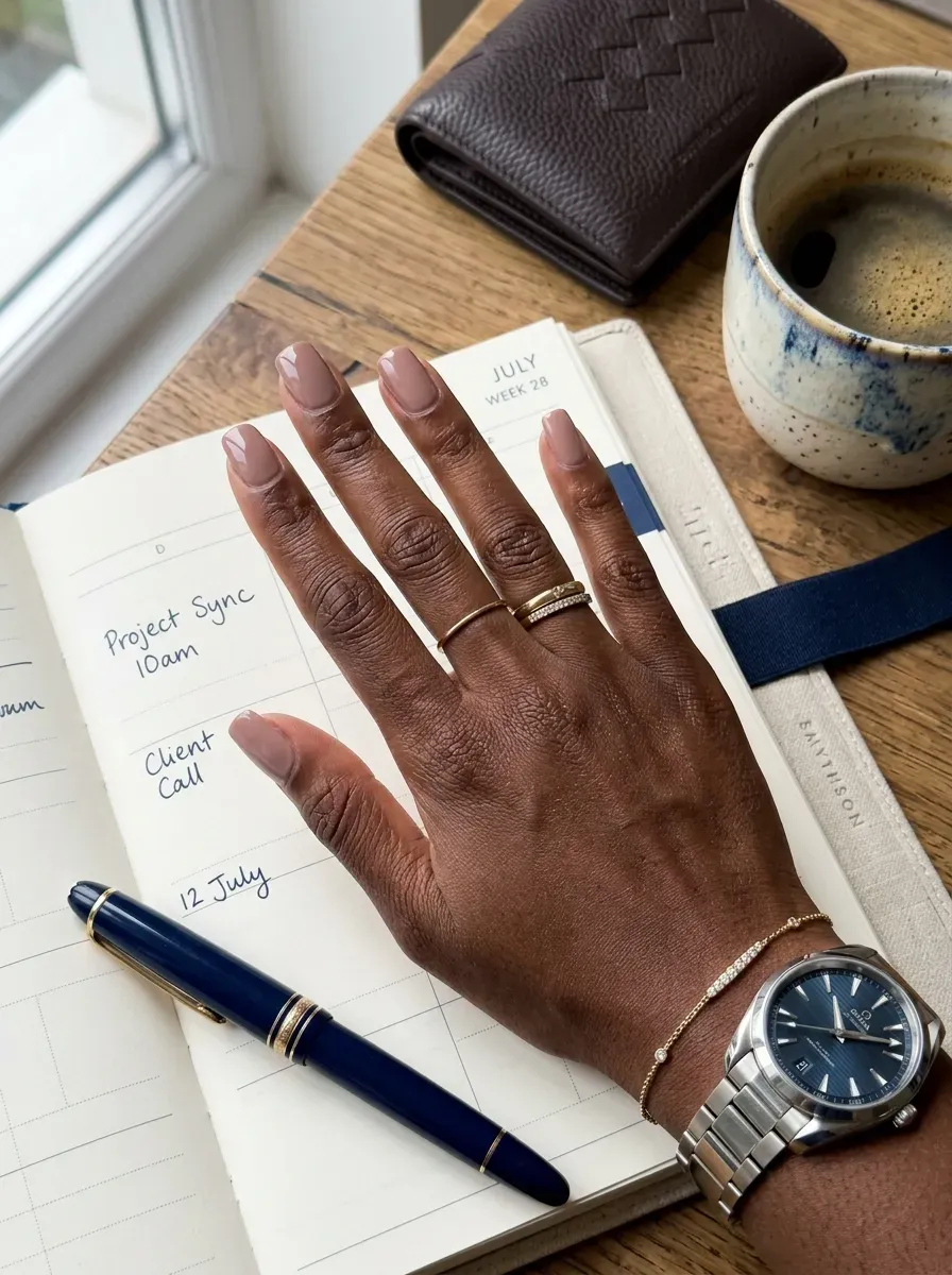 Broad navy French tips on soft square nails with deep chestnut skin
