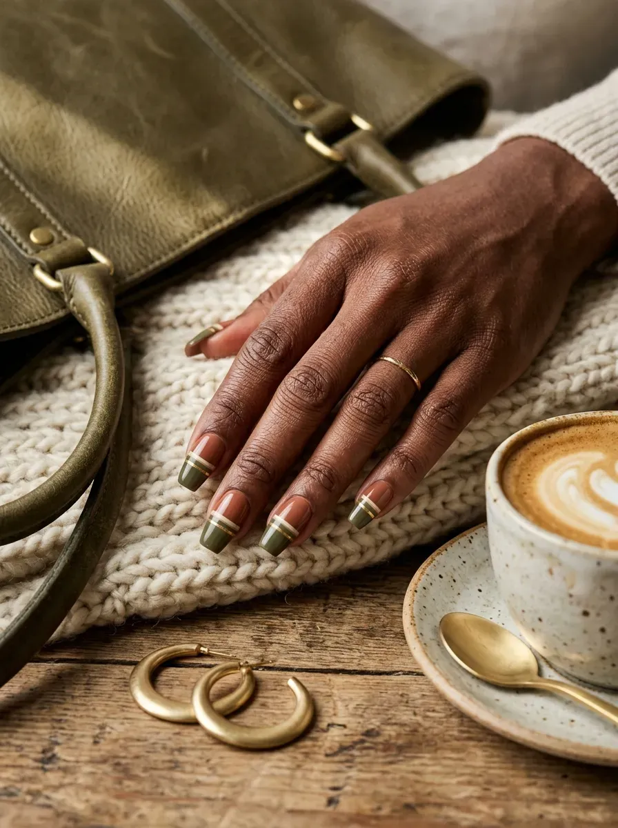 Wide olive French tips on tapered square nails with deep brown skin