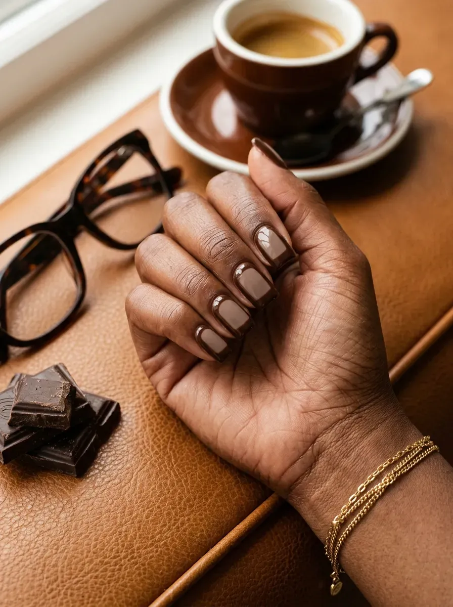 Oxblood thick French tips on long stiletto nails with brown skin