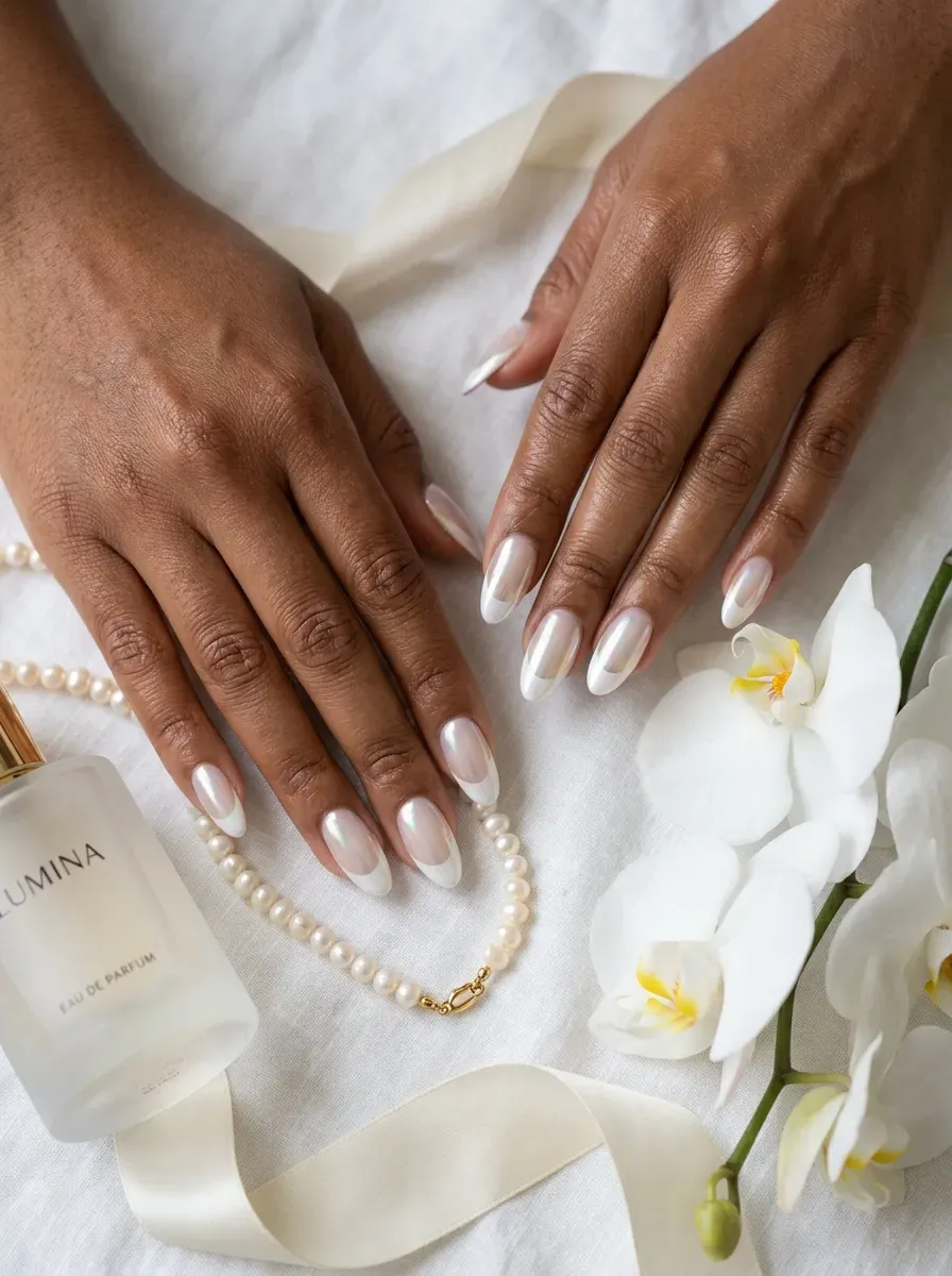 Wide pearl chrome French tips on milky almond nails over brown skin