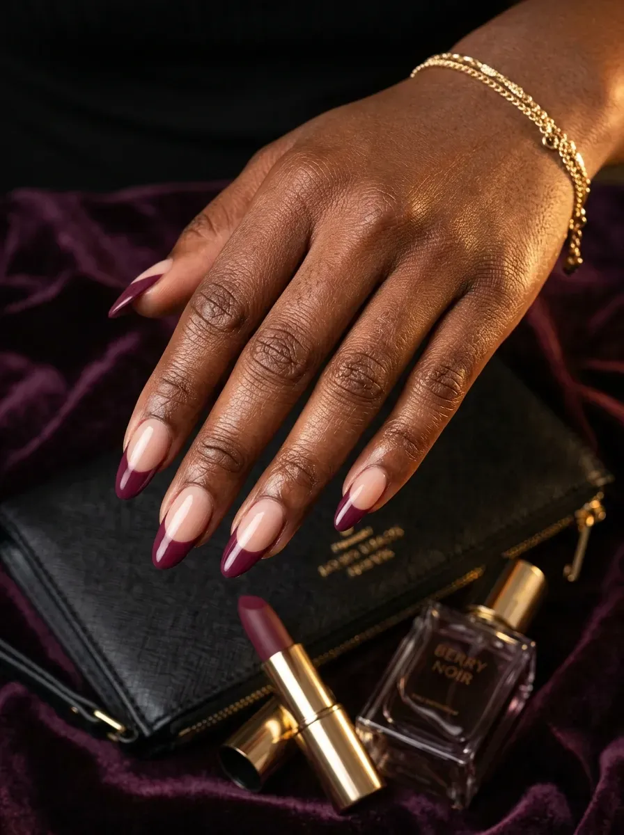 Broad plum French tips on almond nails with deep chestnut skin