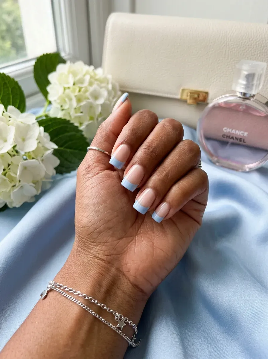 Wide powder blue French tips on square nails over warm brown skin
