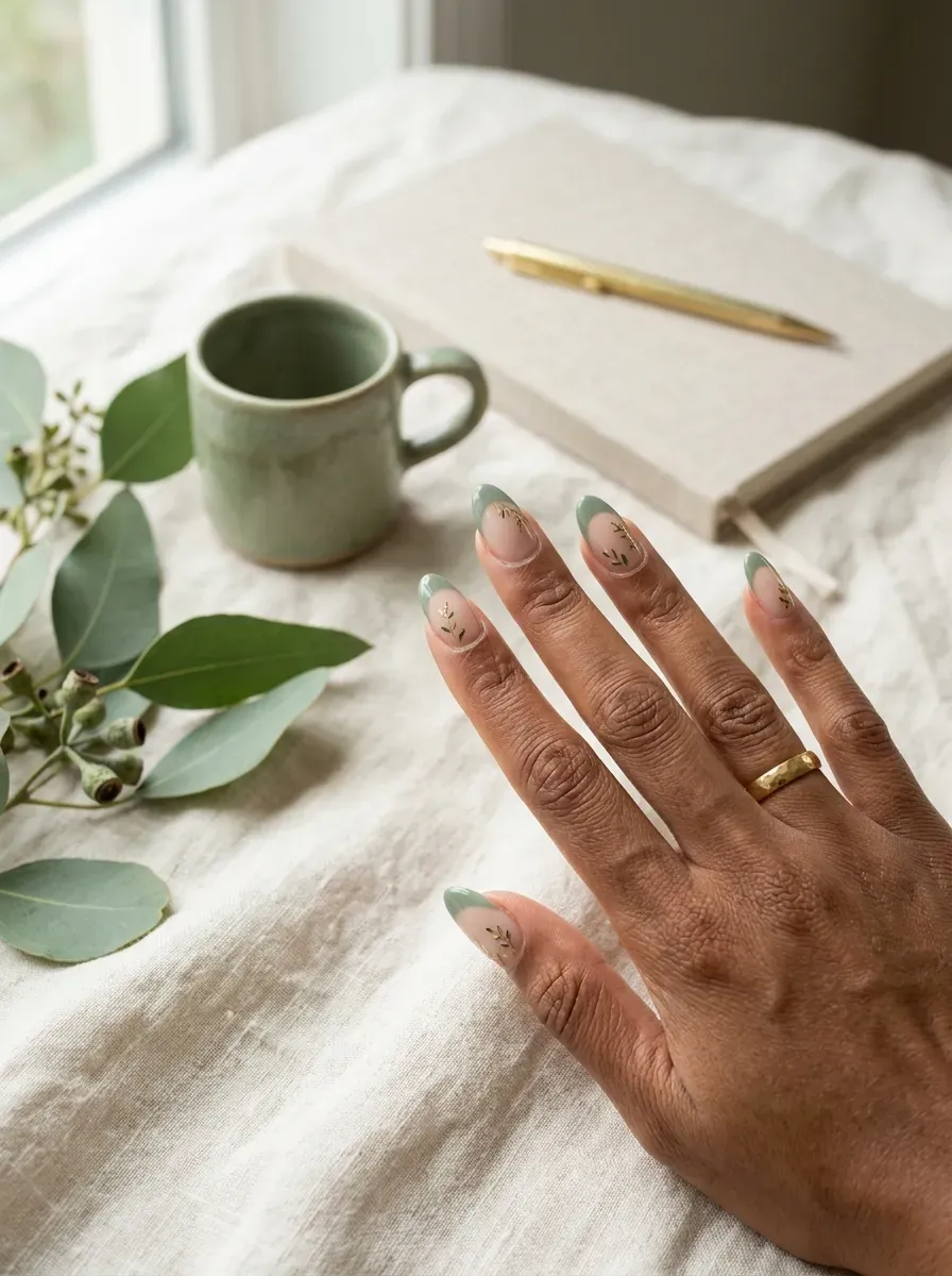 Broad sage green French tips on almond nails with warm brown skin