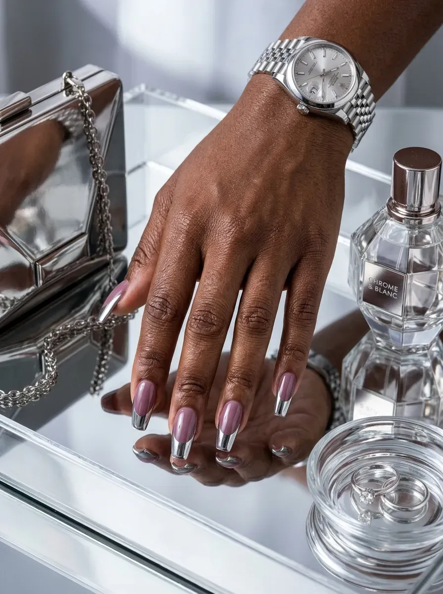 Broad silver chrome French tips on coffin nails with deep brown skin