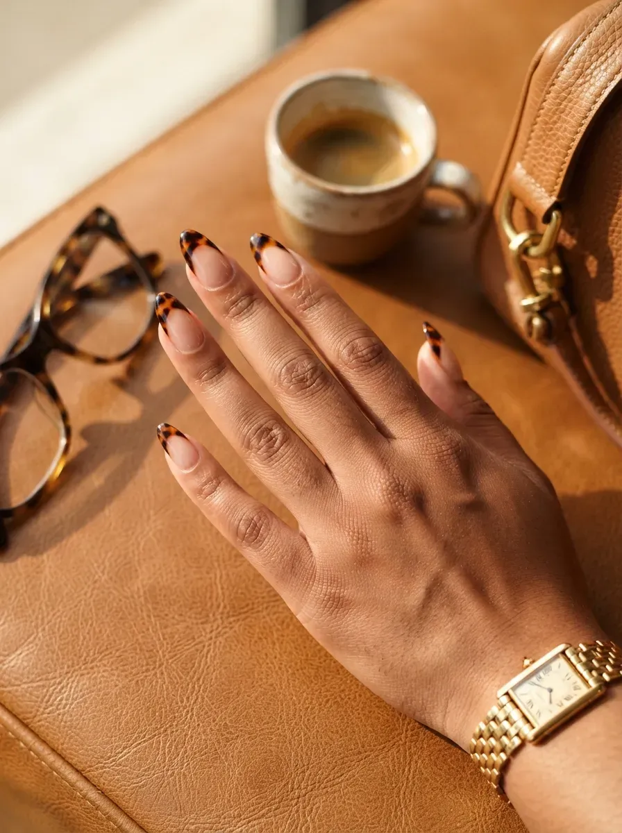 Wide tortoiseshell French tips on almond nails with warm brown skin
