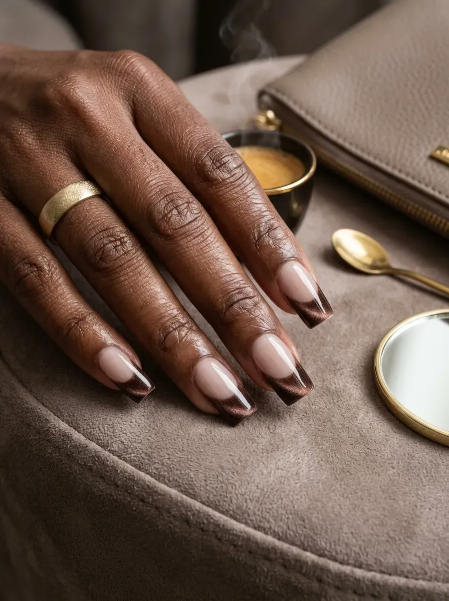 Wide velvet magnetic French tips on square nails with rich brown skin