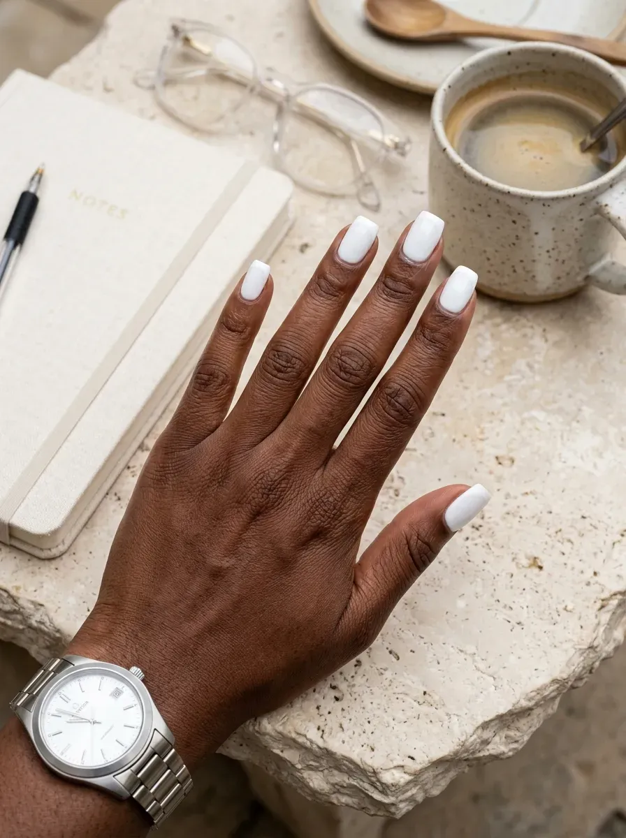 Soft square nails with broad white French tips on deep brown skin