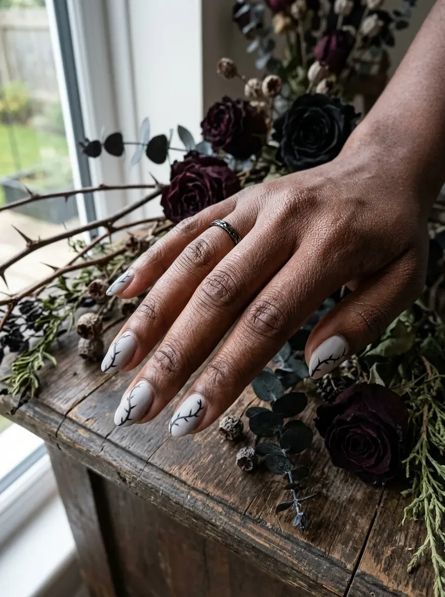 Nails with a thin black thorn covered vine trailing along the side of each nail on rich dark skin tone