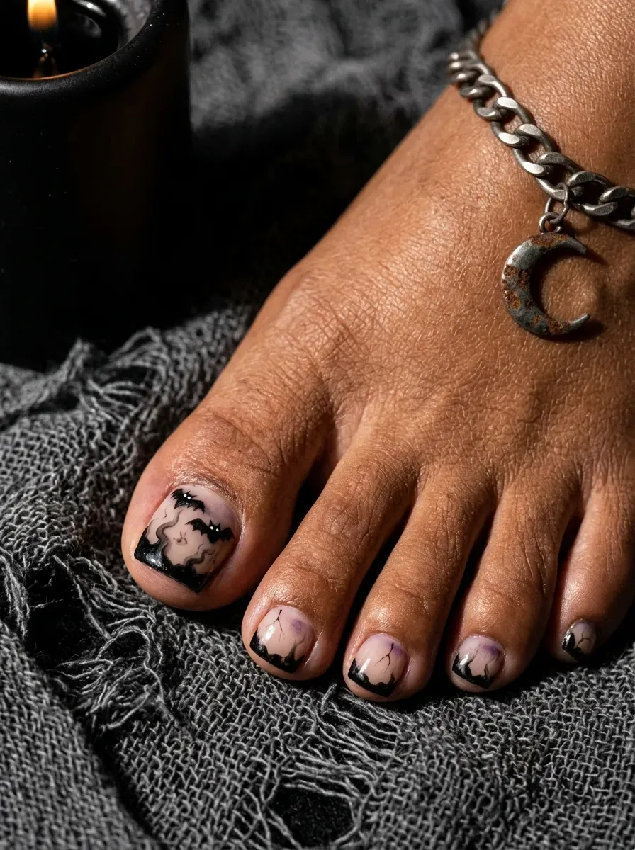 Nude toe nails with black French tips and tiny bat accents