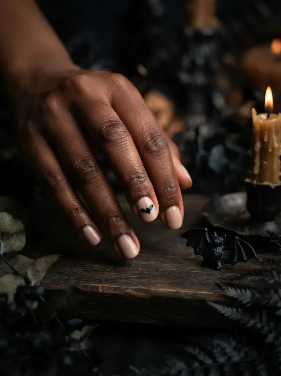 One short nude nail with a small black bat silhouette painted near the base on deep chestnut skin