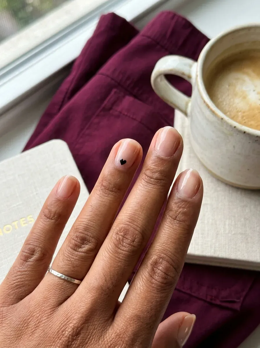 Short nude nails with one tiny black heart accent on ring finger