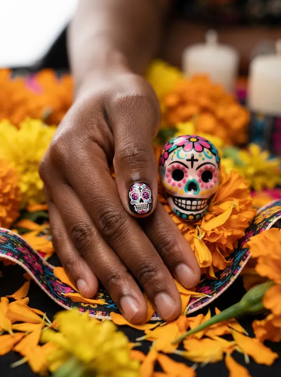 One short pink nail with a small hand painted colorful candy skull design on deep chestnut skin