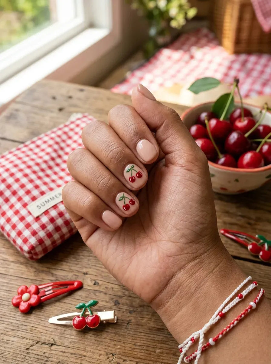 Short nude nails with tiny red cherry accents on two fingers