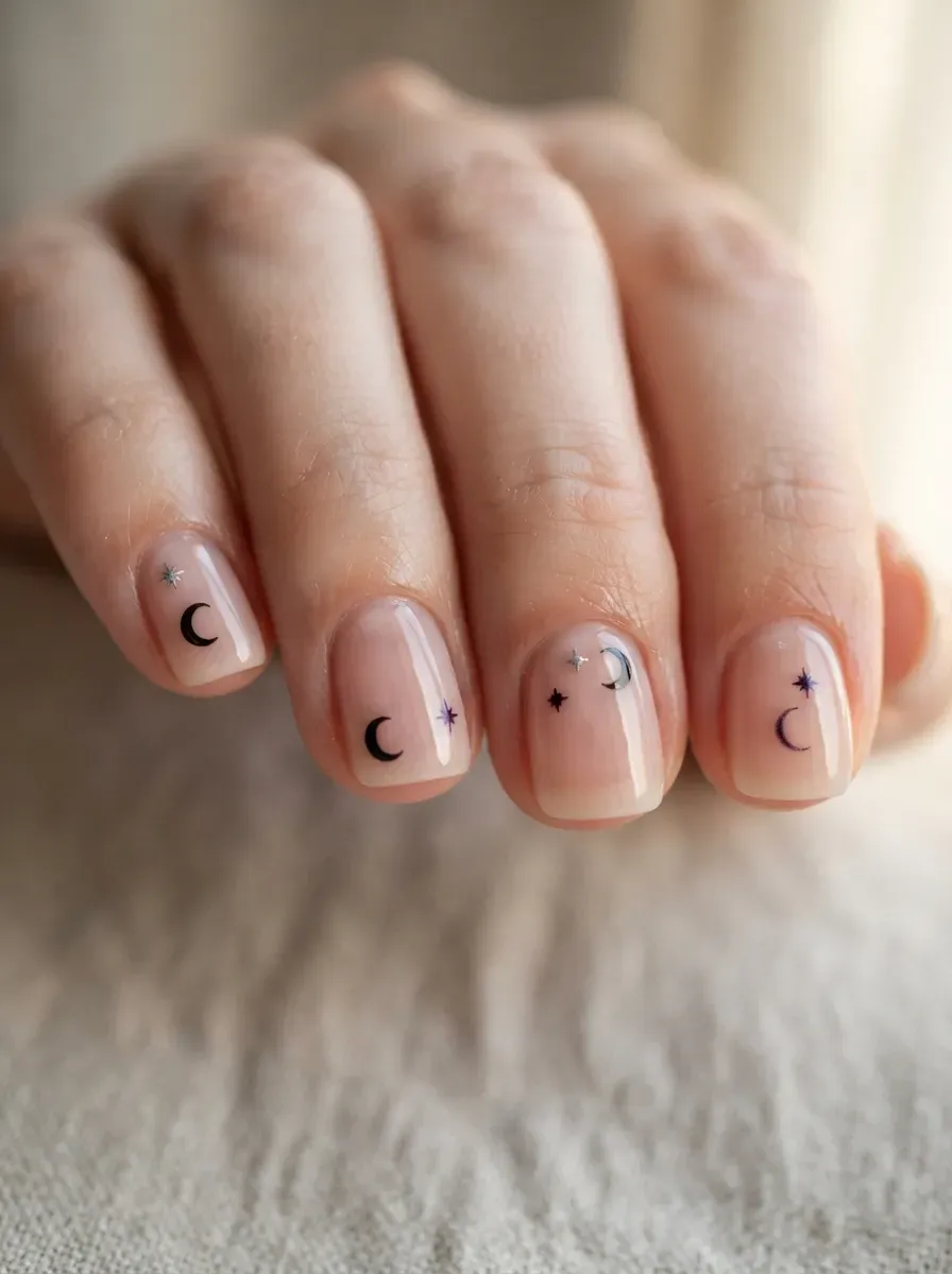Short nude nails with tiny black crescent moons and subtle star accents