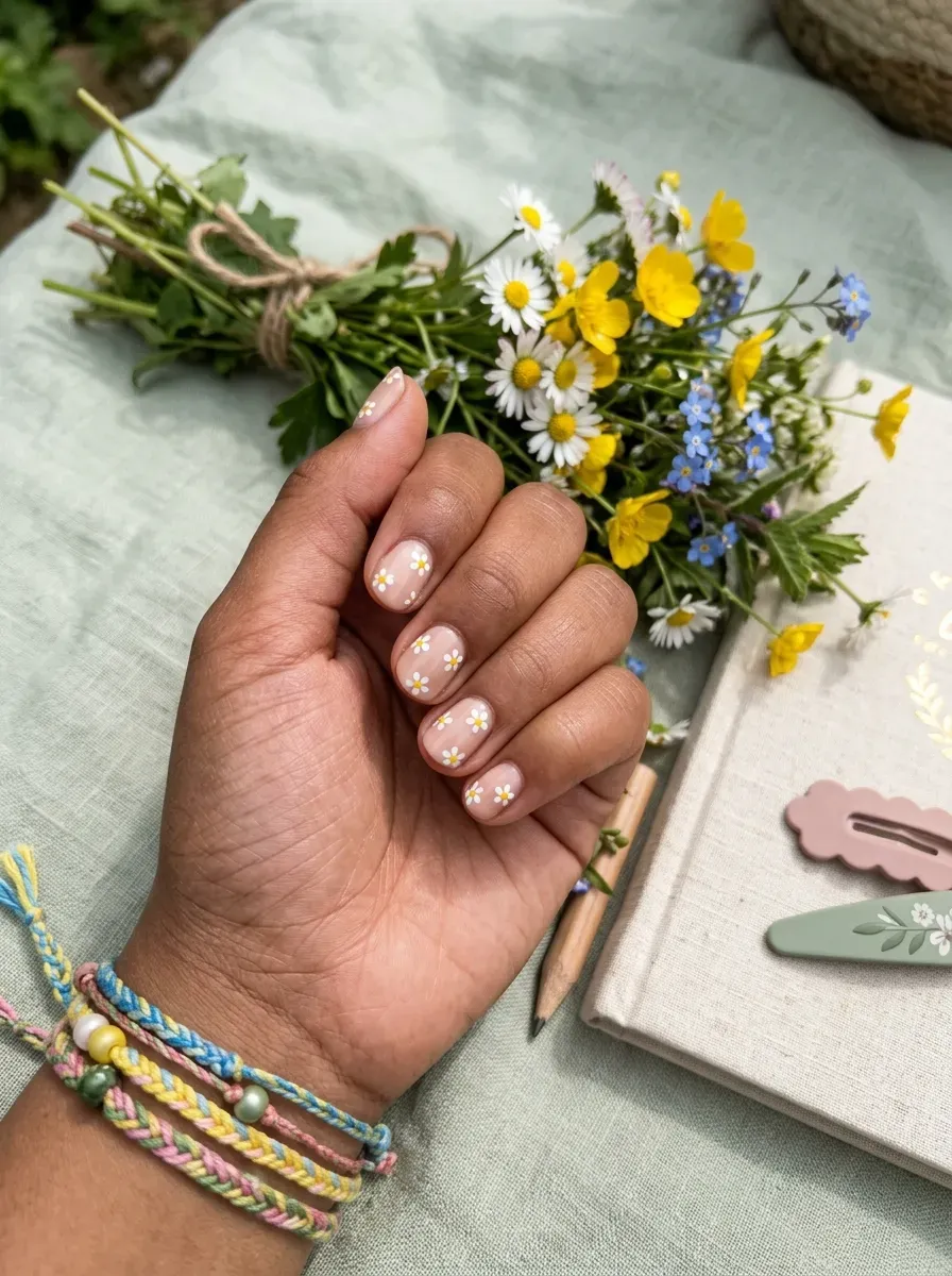 Short nude nails with small white and yellow daisy accents