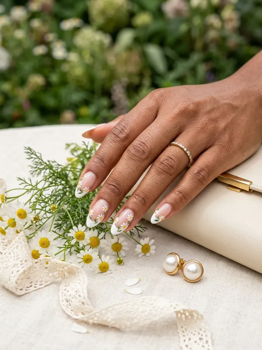 Small white daisies decorating French tips on almond nails with brown skin