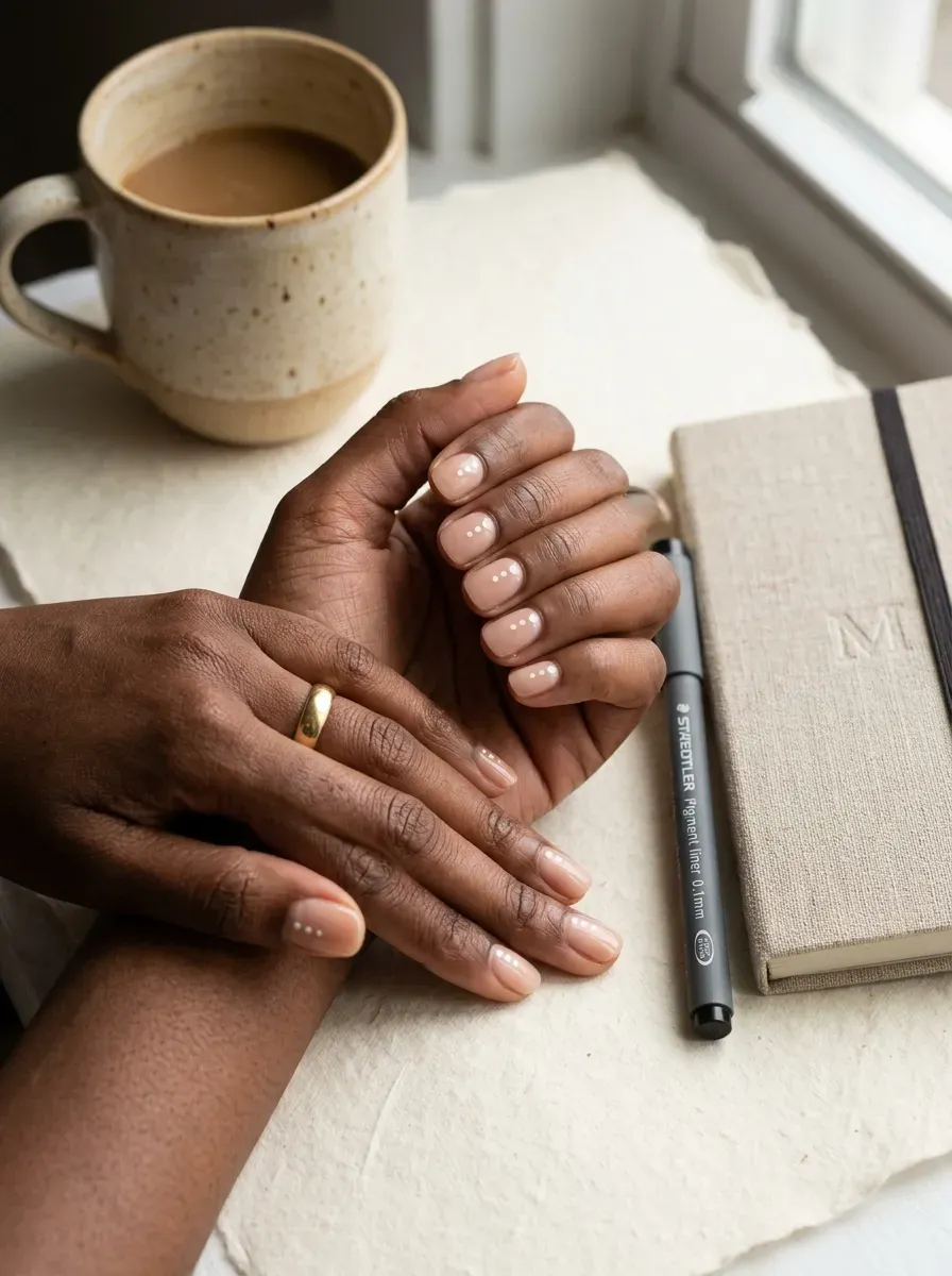 Short nude nails with tiny white dots tracing the free edges