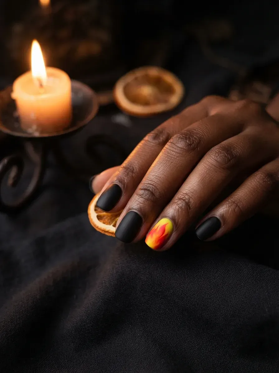 One short nail with a small ombre flame gradient while the rest stay solid black on deep chestnut skin