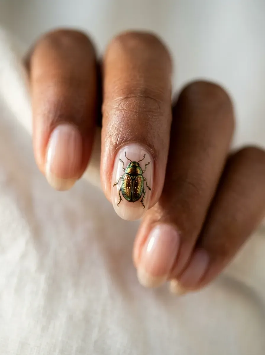 Small hand-painted beetle nail art detail on accent nail