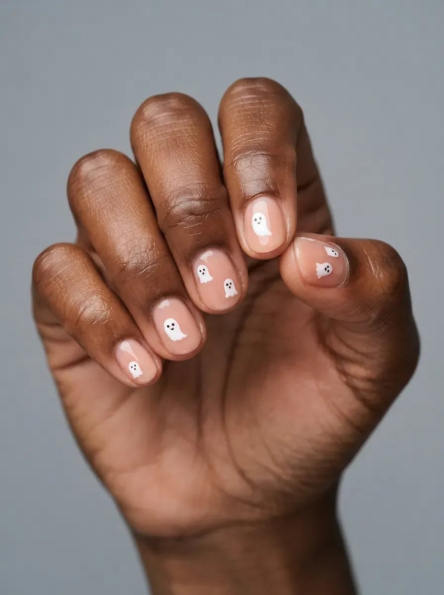 Short rounded nails with tiny white ghost accents on deep chestnut skin