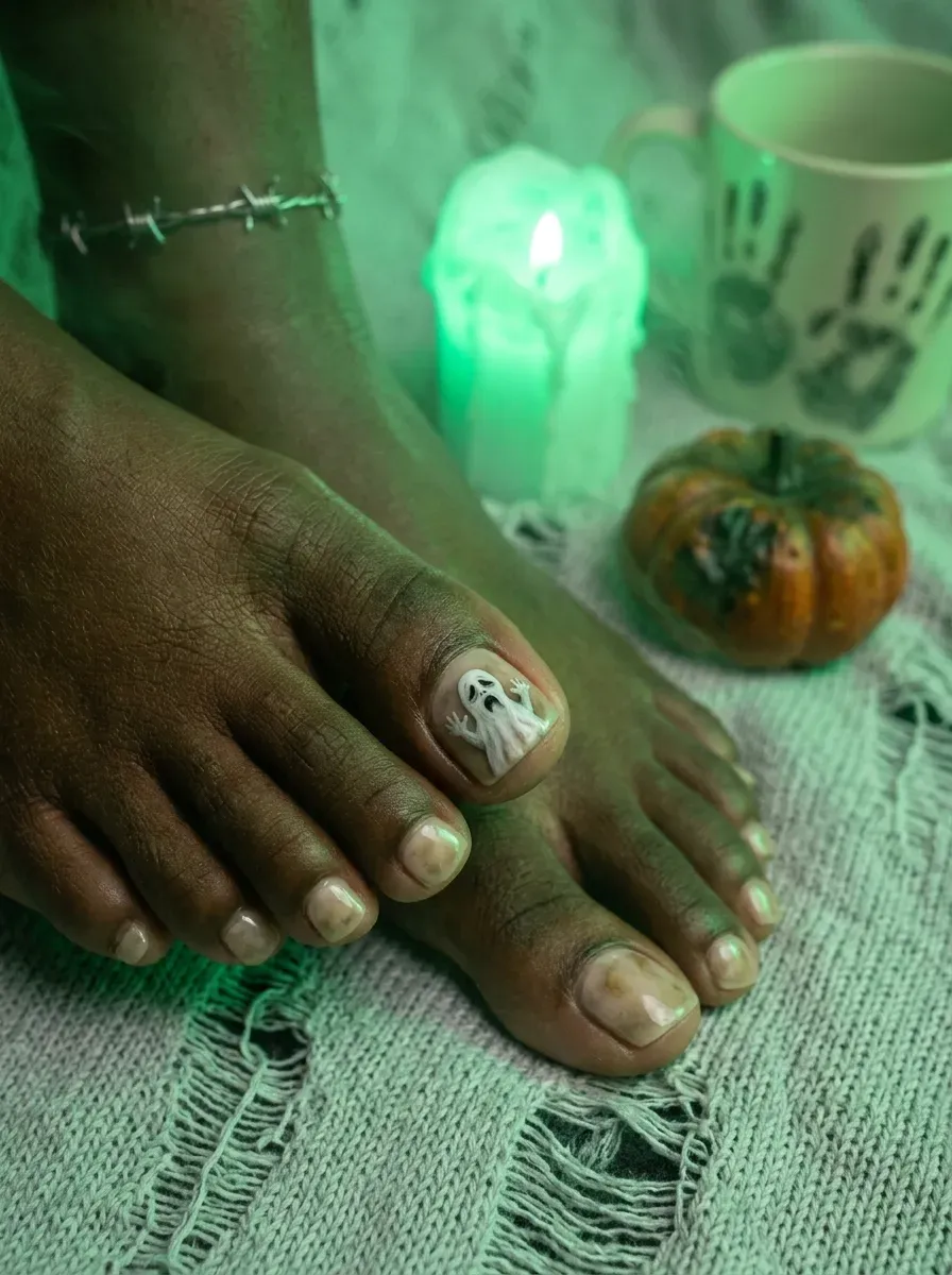 Sheer nude pedicure with tiny white ghost painted on big toe