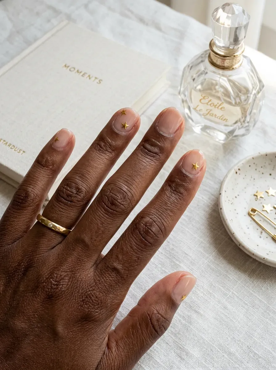 Short sheer nude nails with tiny gold star accents on chestnut skin