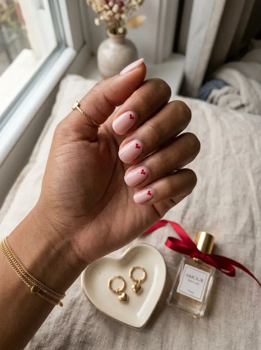 Short pink nails with tiny red hearts made from paired dots