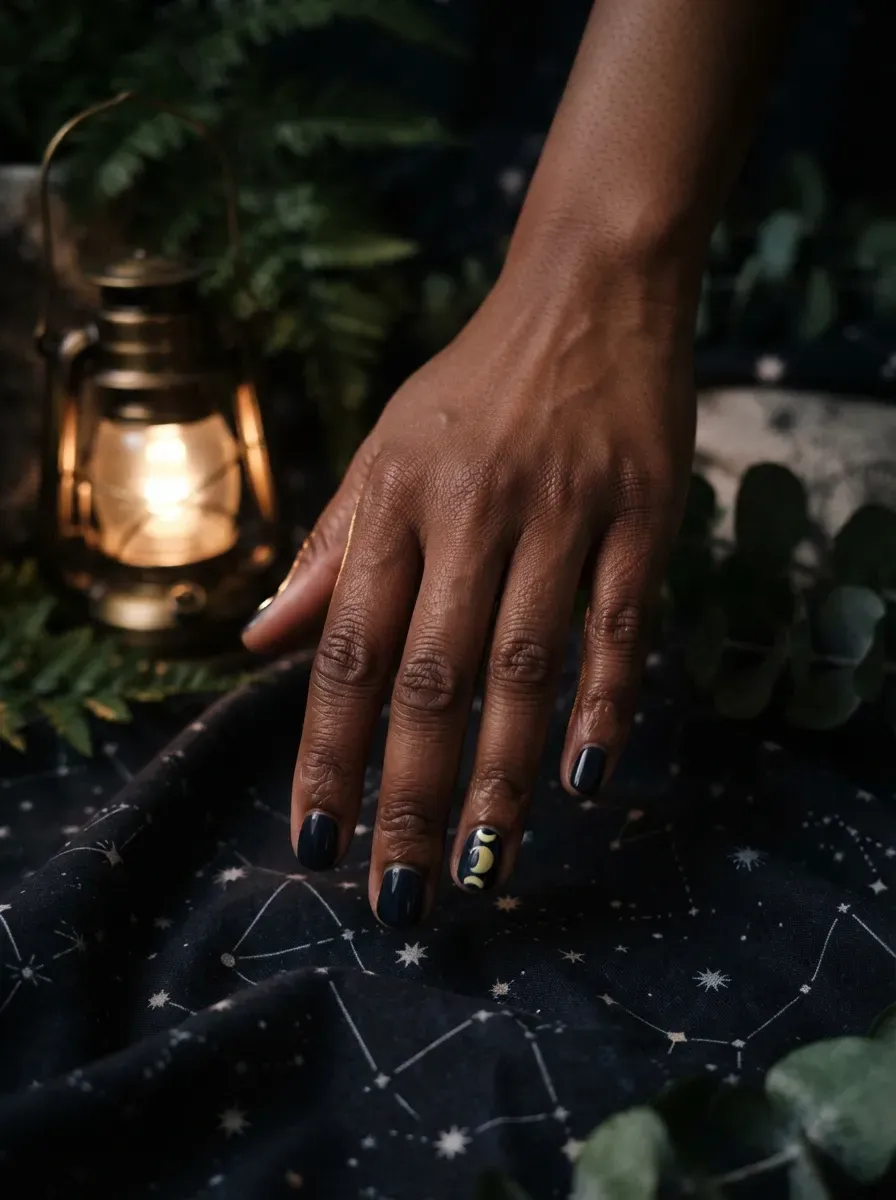 One short navy nail with a small hand painted crescent moon phase design on deep chestnut skin