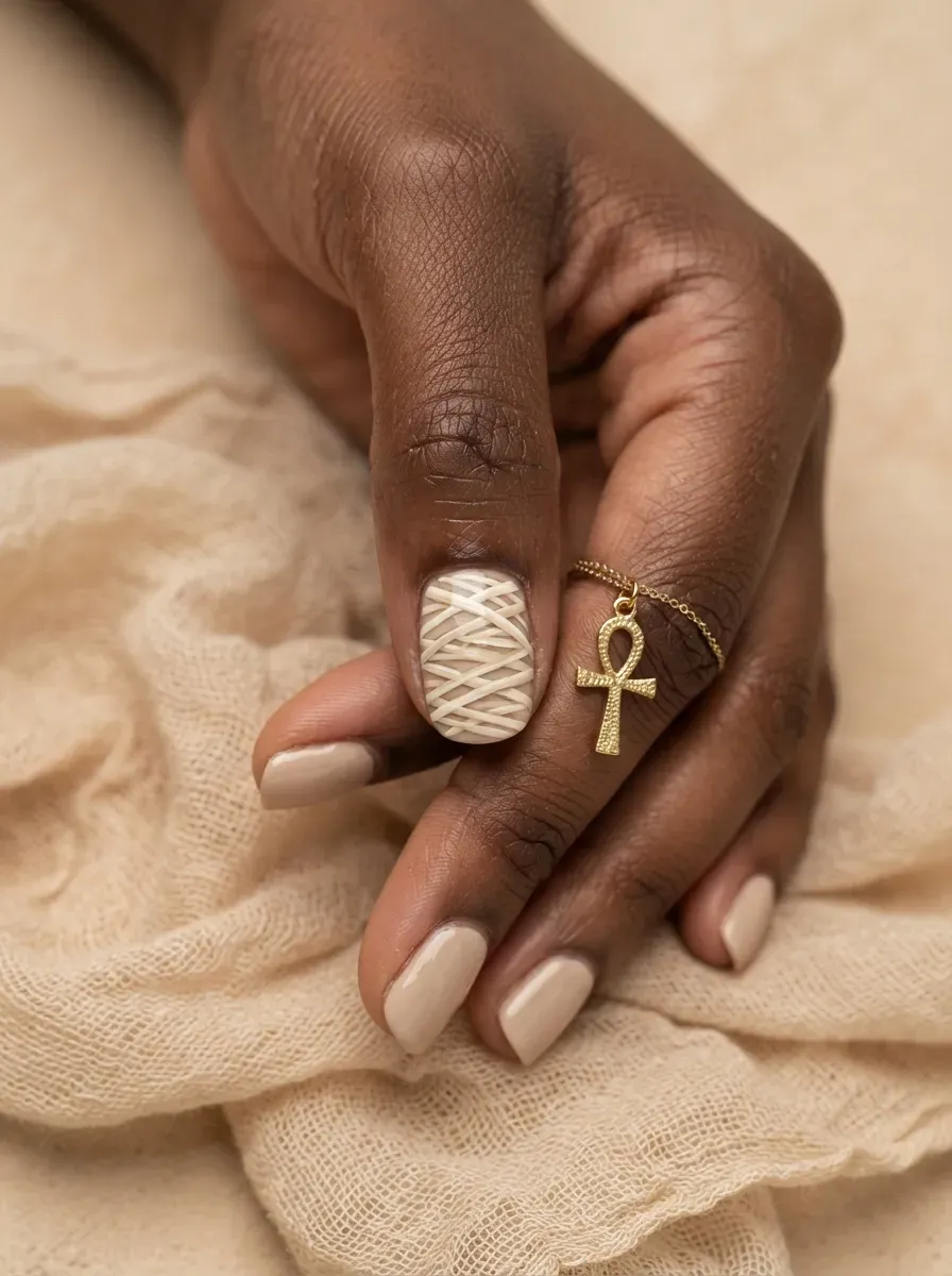 One short nail with cream and beige crisscrossing mummy wrap texture lines on deep brown skin