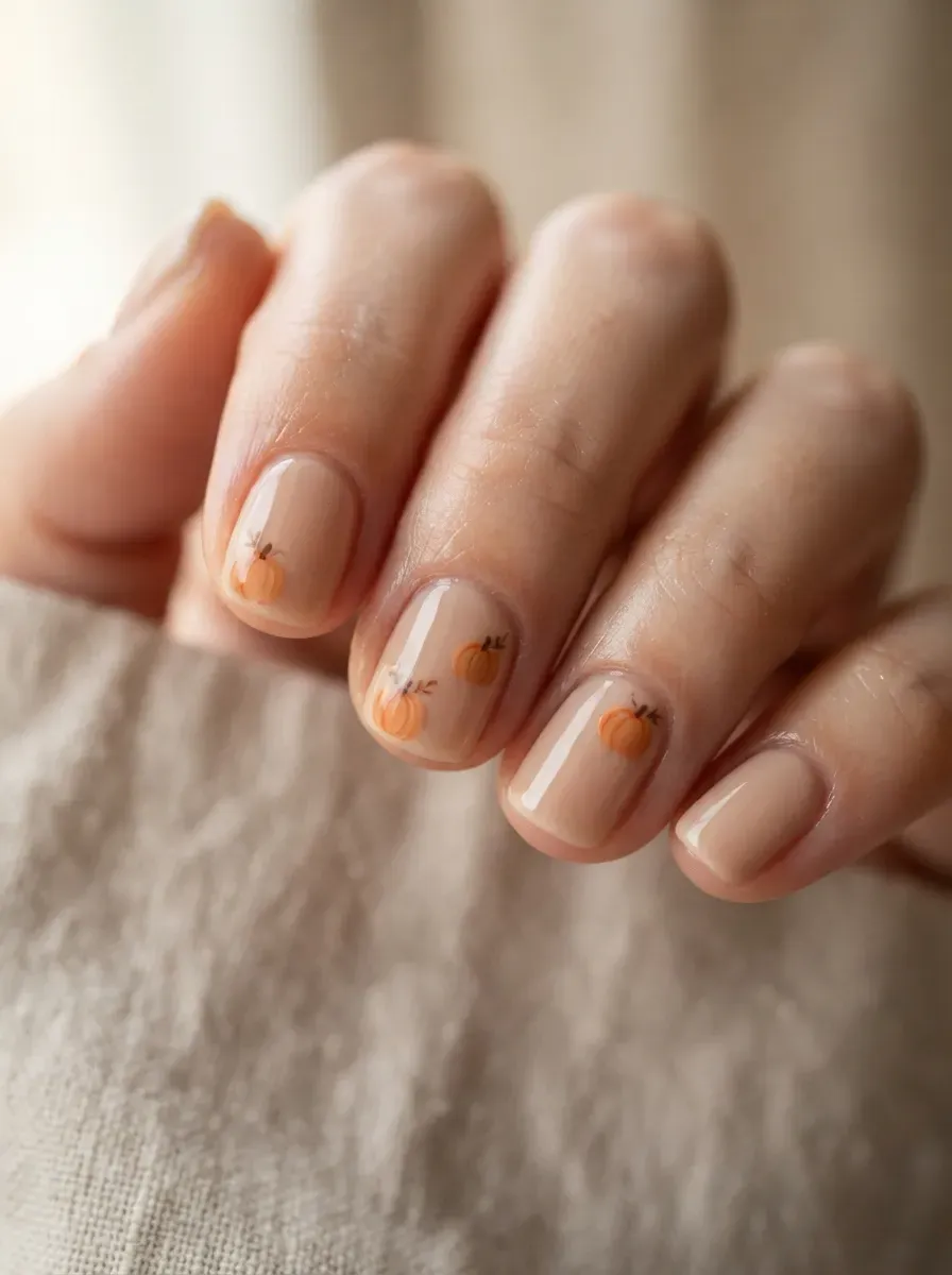 Short nude nails with tiny orange pumpkin accents and glossy finish