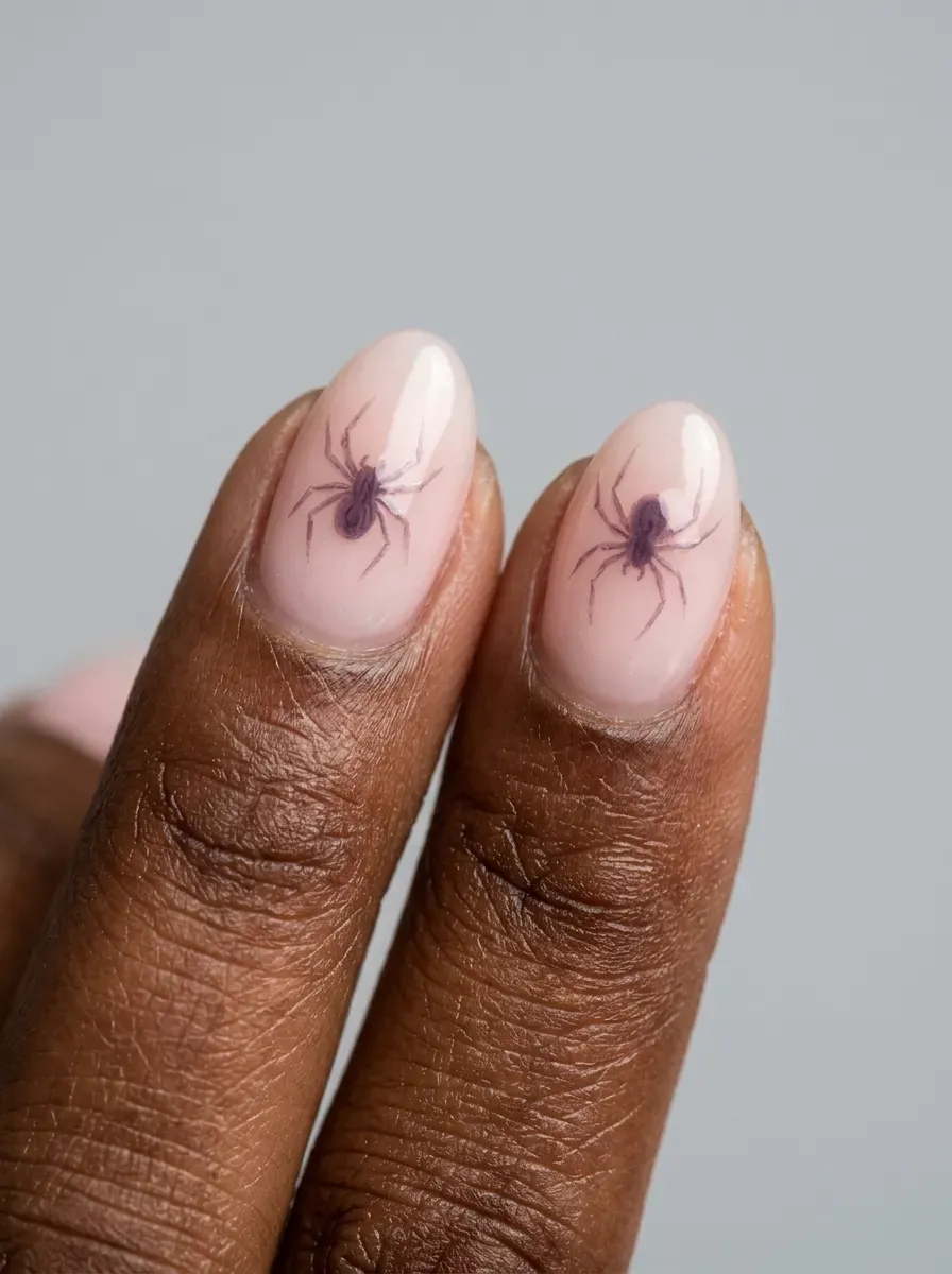 Short almond nails with pale pink polish and tiny purple spider accents