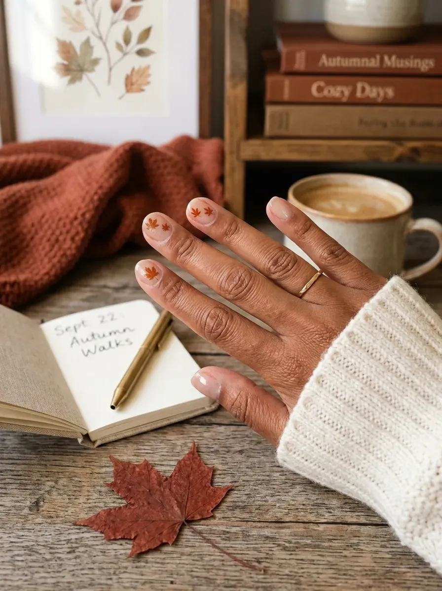 Short sheer nude nails with tiny rust leaf accents on warm brown skin