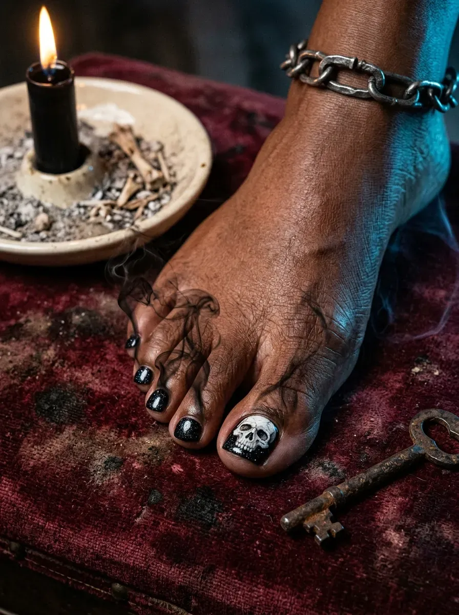 Black pedicure with small white skull accent on big toe