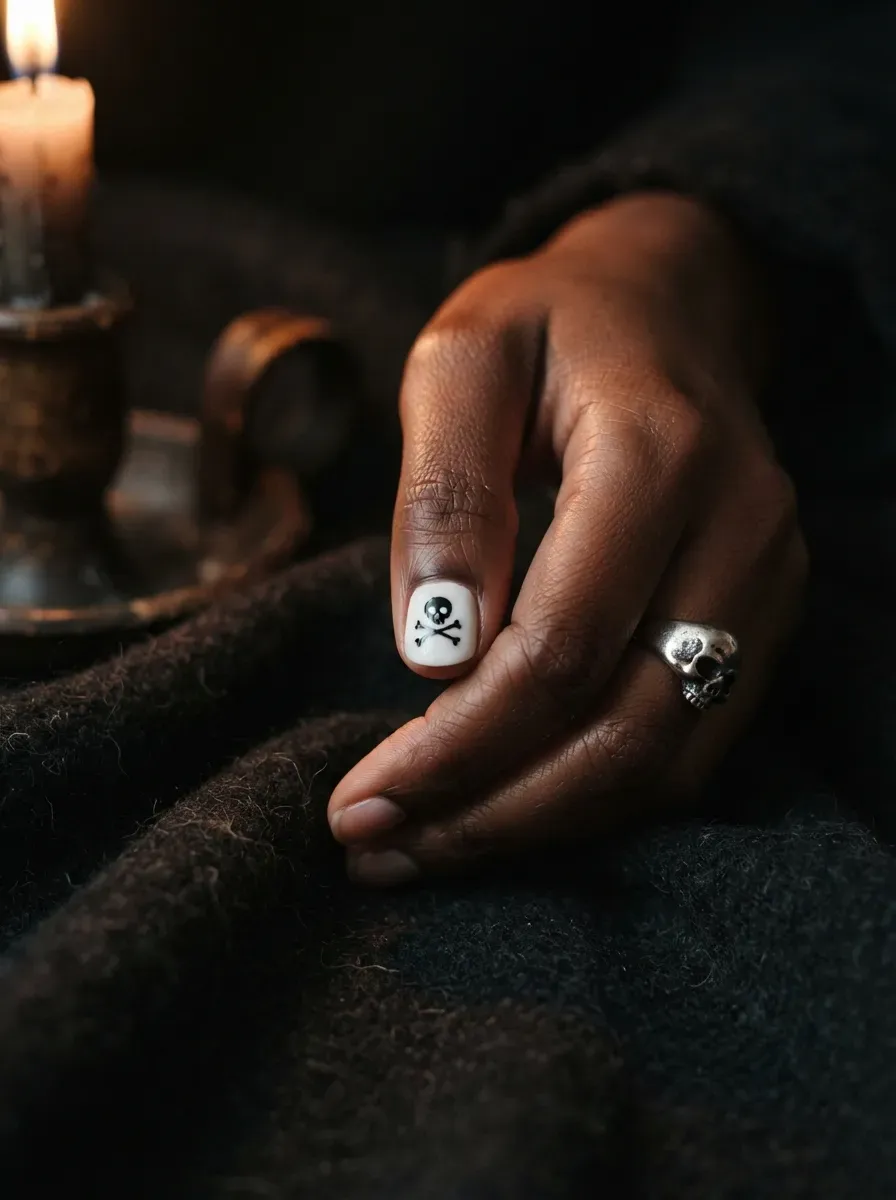 One short white nail with a small hand painted black skull and crossbones design on deep chestnut skin