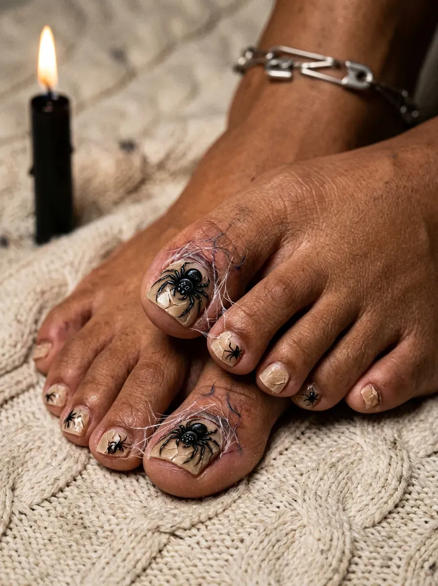 Sheer nude toes with tiny black spider accent on big toenail