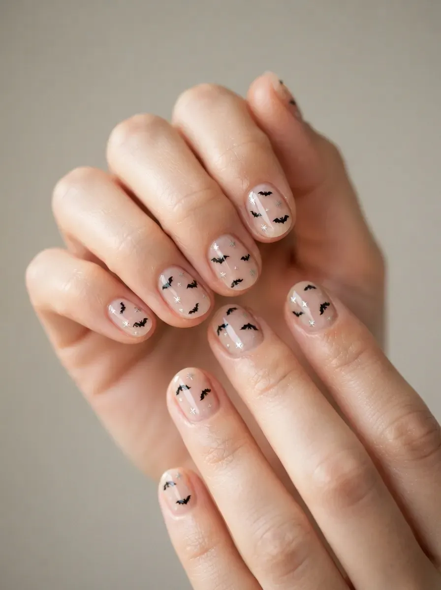 Short sheer nude nails with tiny black stars bats and Halloween accents