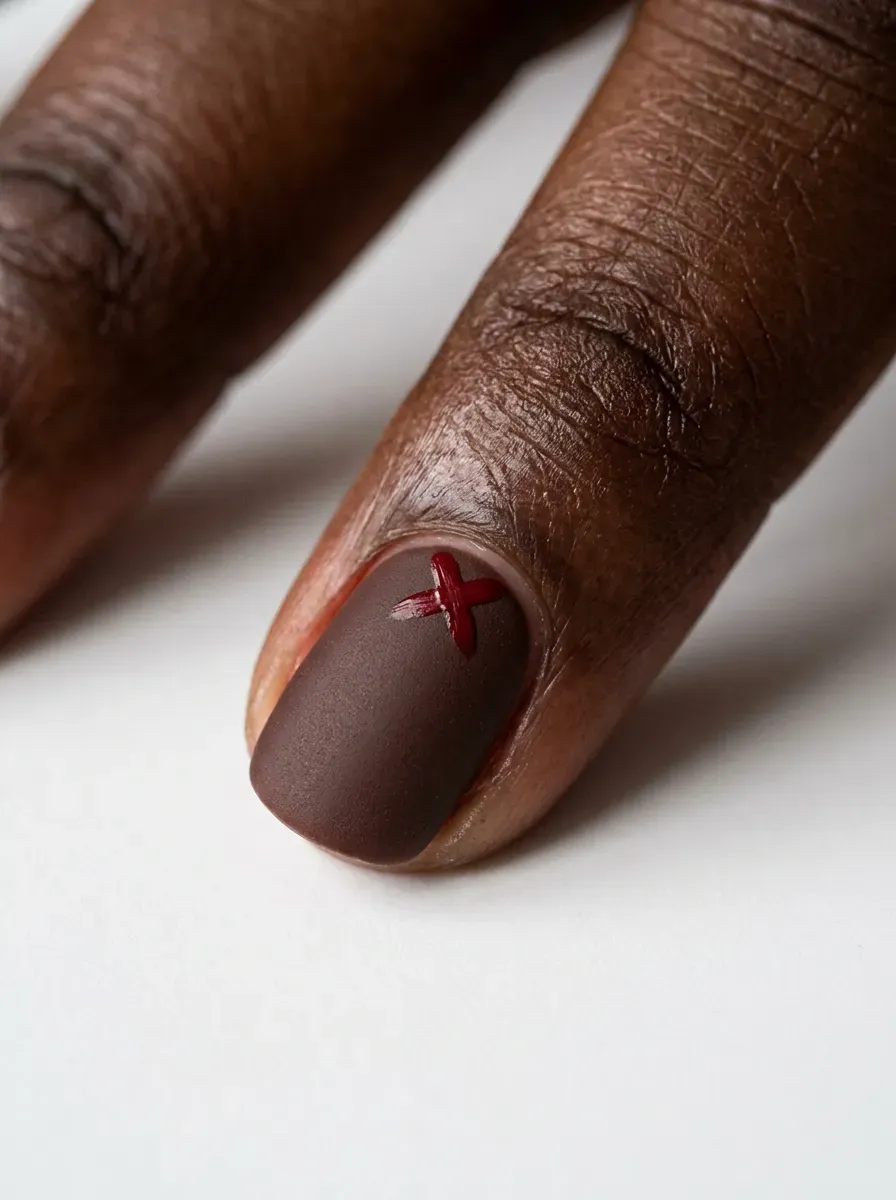 Small stitched X pattern nail art detail near the cuticle