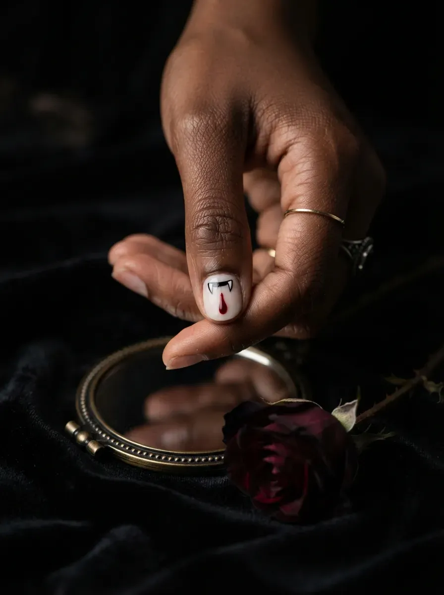 One short white nail with two small painted vampire fangs and a red drop on deep chestnut skin