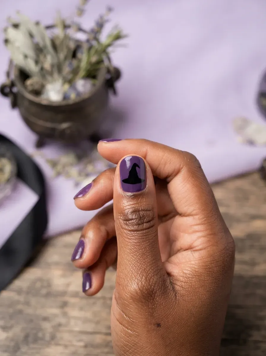 One short purple nail with a small black witch hat silhouette accent on deep chestnut skin