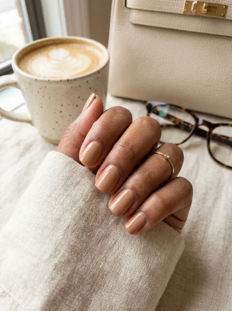 Glossy toasted beige short nails on warm brown skin with neutral accessories