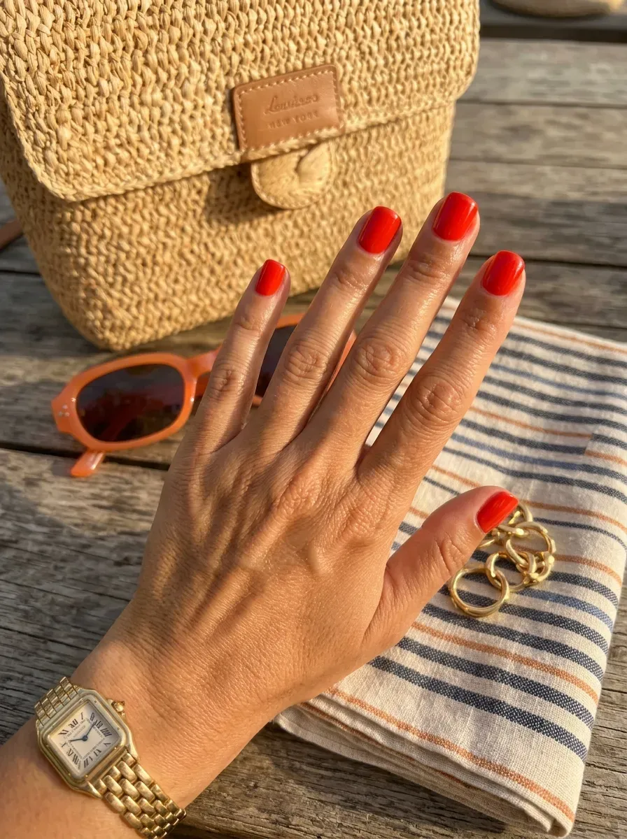 Short square nails painted with warm glossy tomato red polish