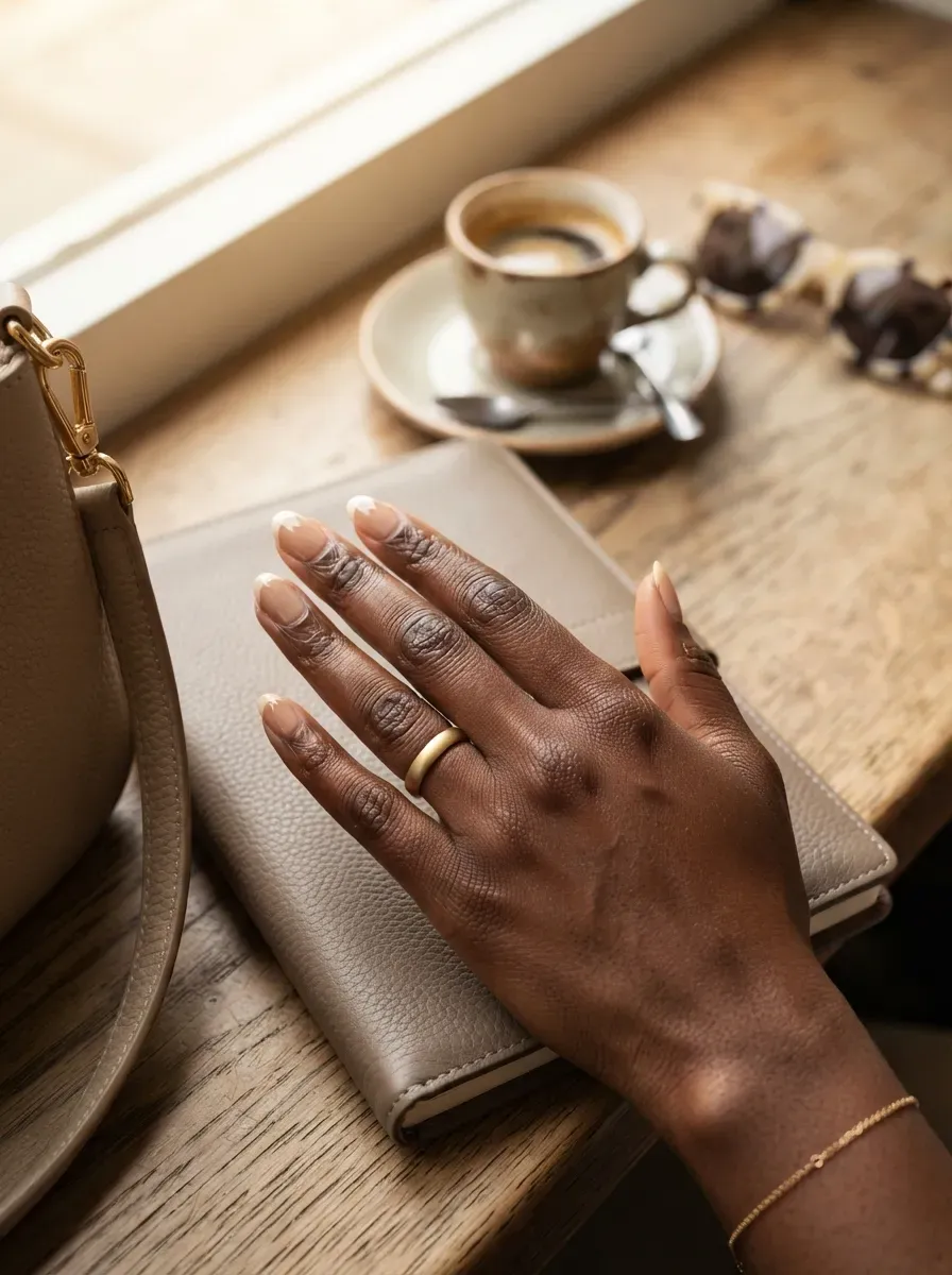 Tonal beige French manicure with slightly deeper nude tips on chestnut skin