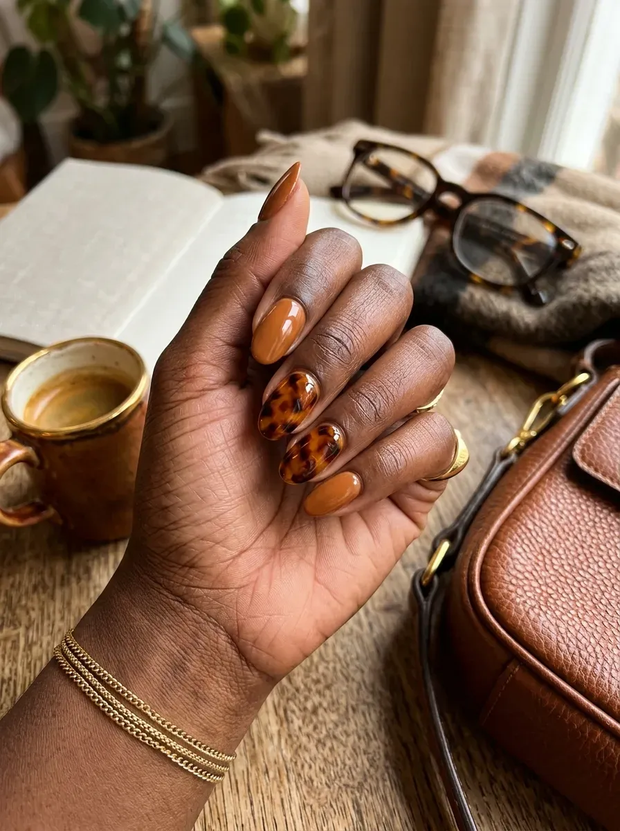 Amber tortoiseshell accent nails paired with caramel polish on rich dark skin