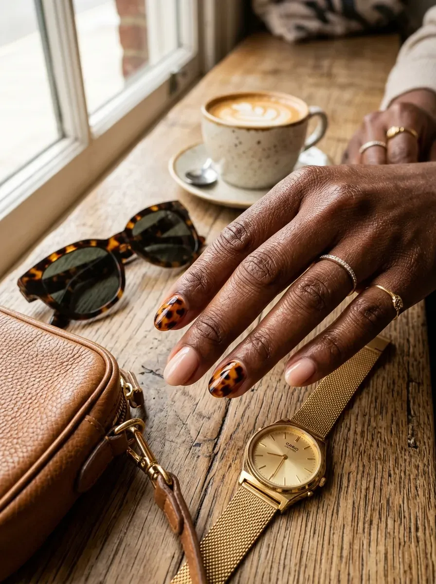 Short nude nails with flat tortoiseshell art on two accent fingers