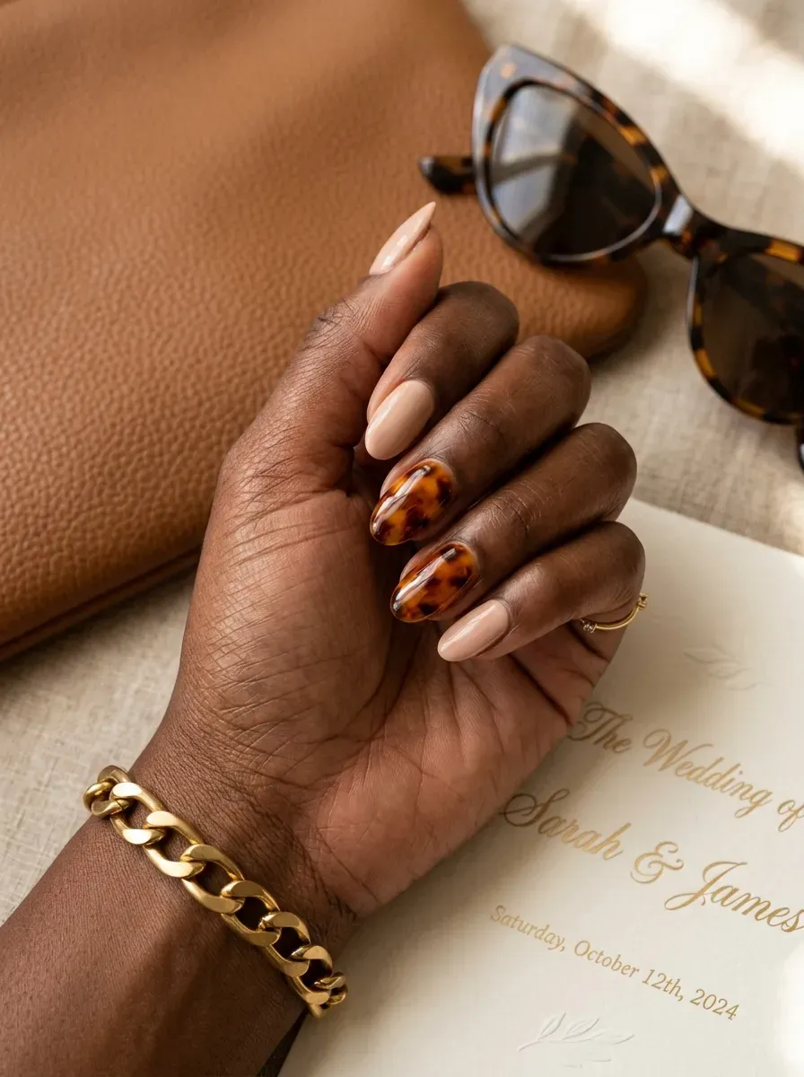 Nude nails with amber tortoiseshell accents on rich dark skin