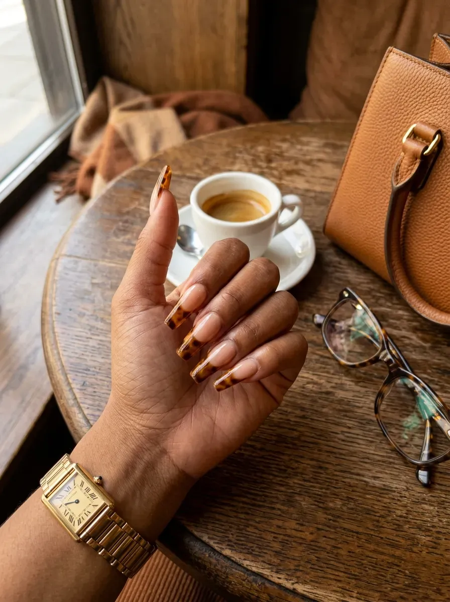 Long coffin nails with tortoiseshell French tips on brown skin